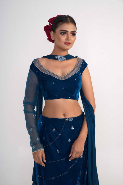 Royal Blue Velvet Fish-cut skirt Set