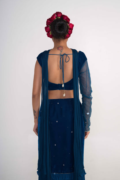 Royal Blue Velvet Fish-cut skirt Set