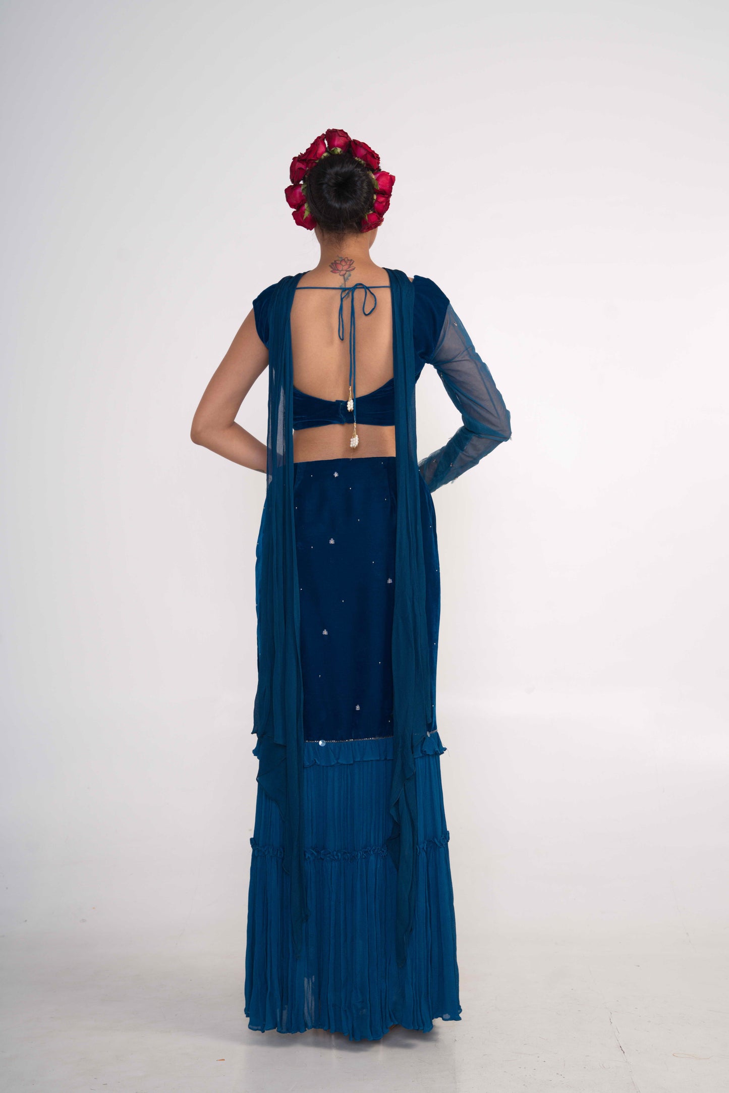 Royal Blue Velvet Fish-cut skirt Set