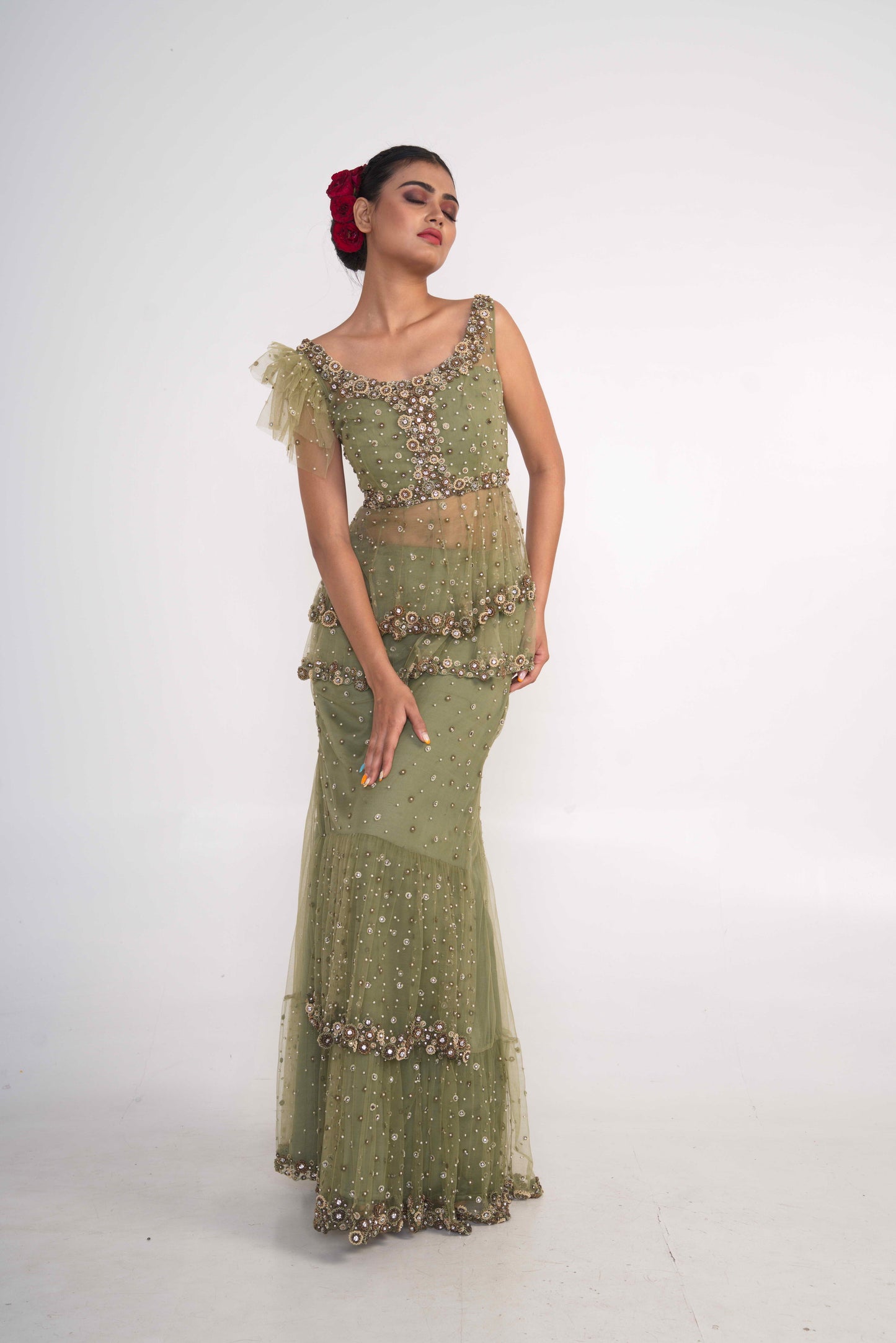 Moss Green Net skirt  Set