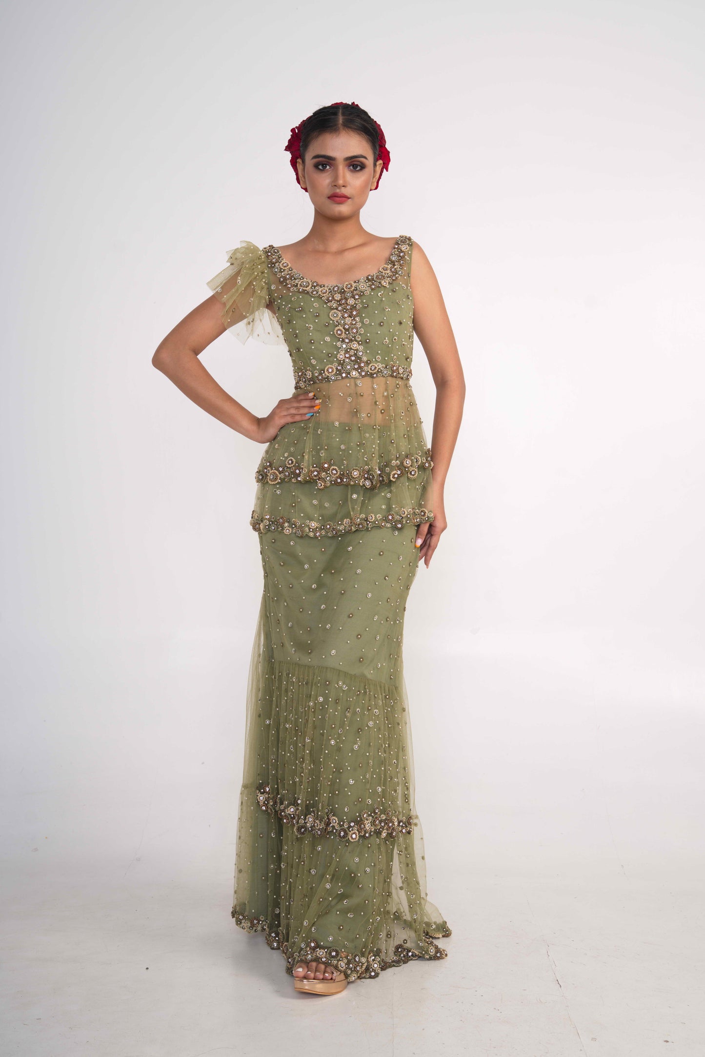 Moss Green Net skirt  Set