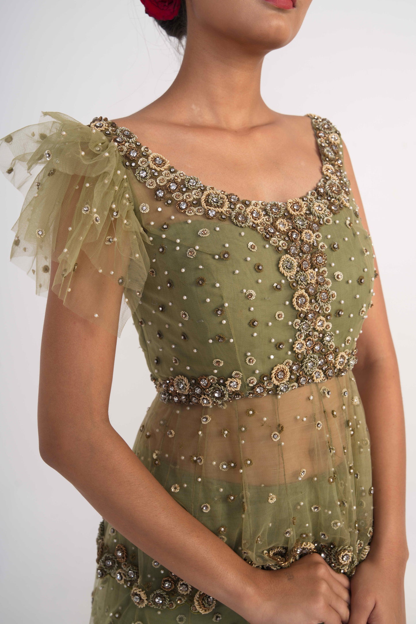 Moss Green Net skirt  Set
