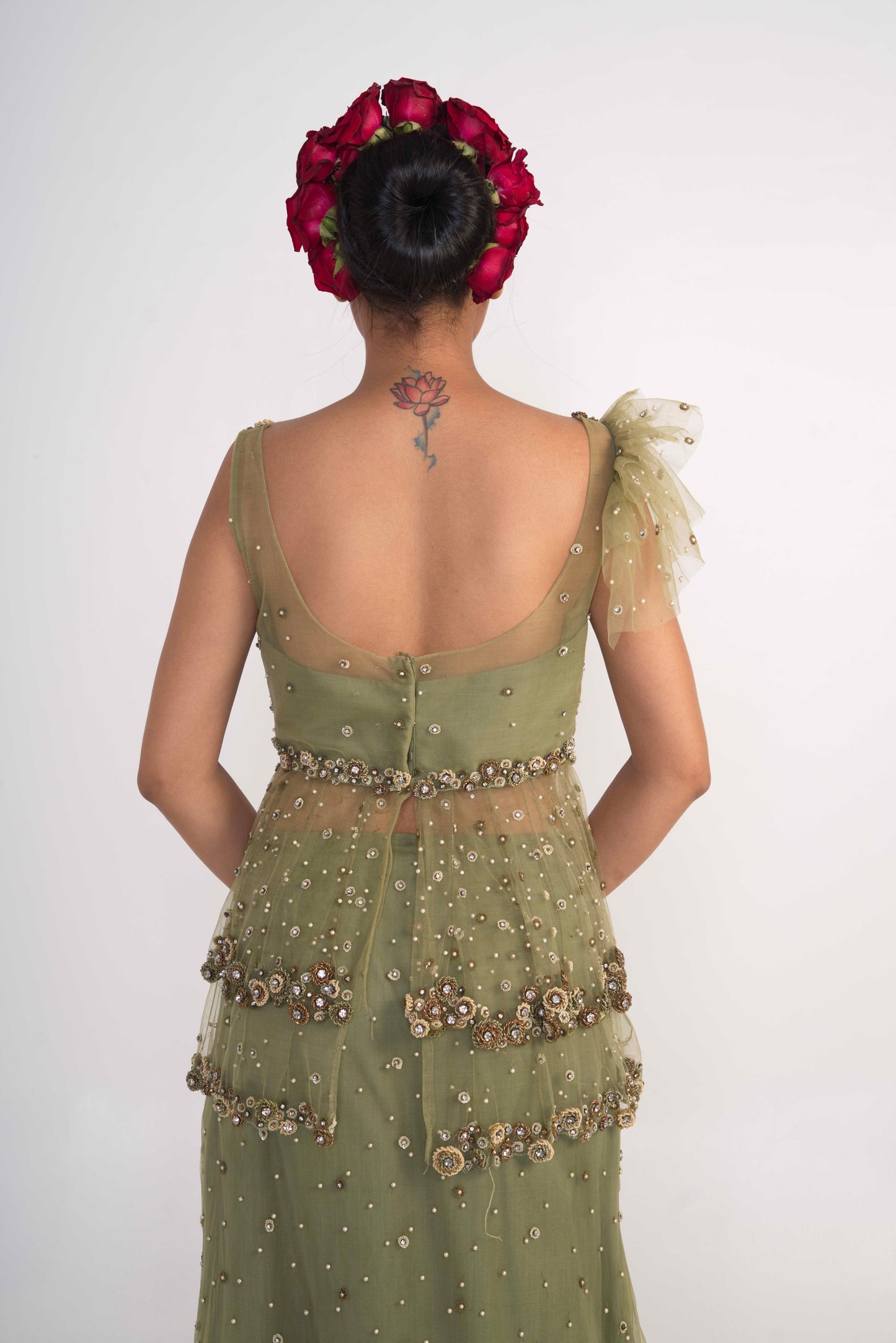 Moss Green Net skirt  Set