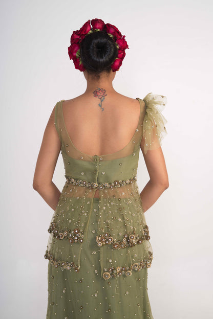 Moss Green Net skirt  Set