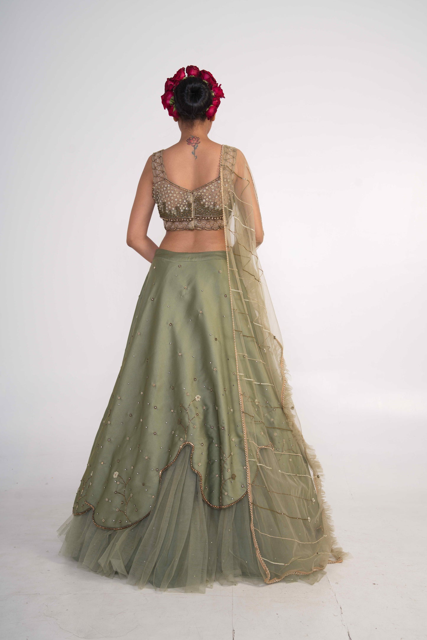 Moss Green Layered Lehenga Set