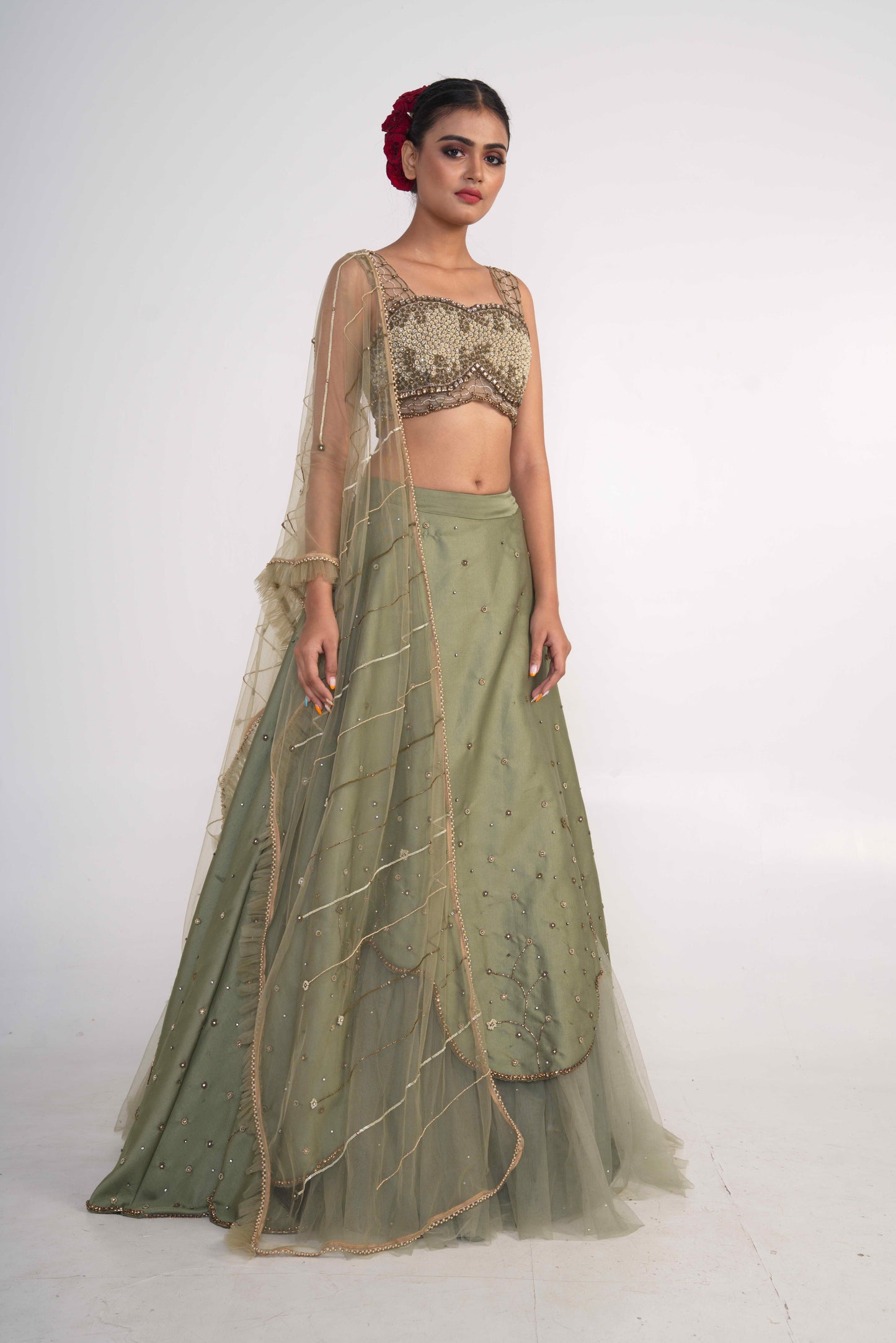 Moss Green Layered Lehenga Set