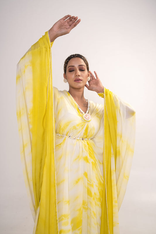 Yellow Tie-Dye Kaftan With Belt