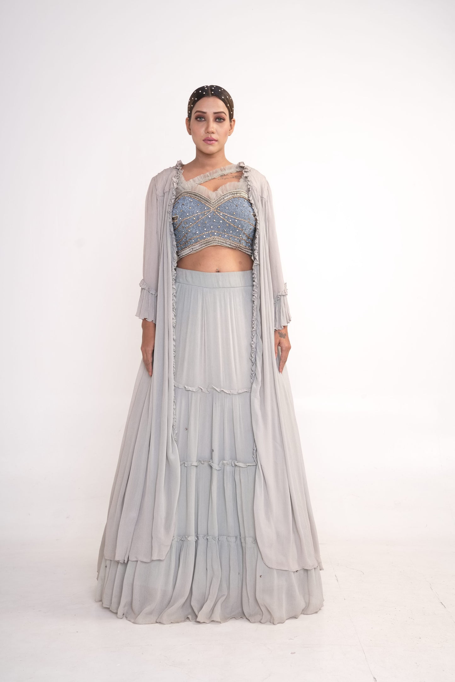 Powder blue lehenga set with blouse and chiffon shrug