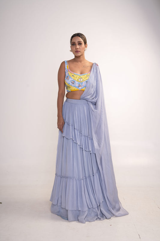 Ice Blue Lehenga Set with pre drape dupatta