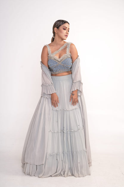 Powder blue lehenga set with blouse and chiffon shrug