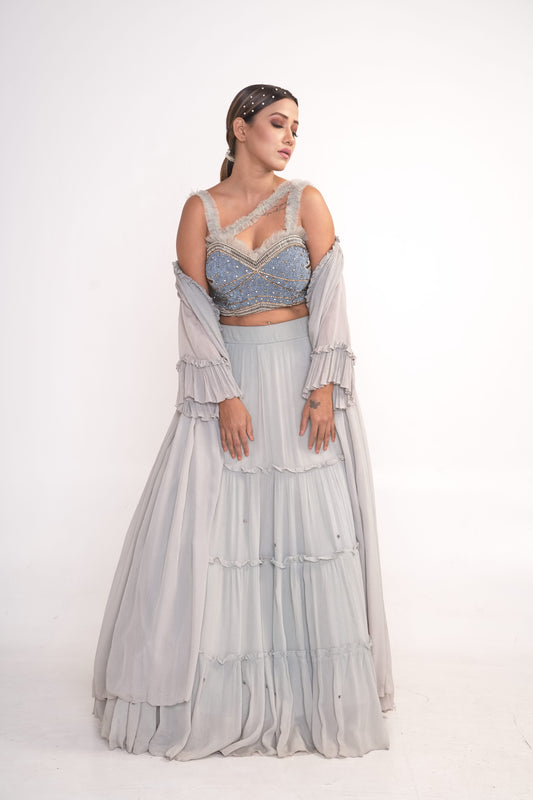Powder blue lehenga set with blouse and chiffon shrug