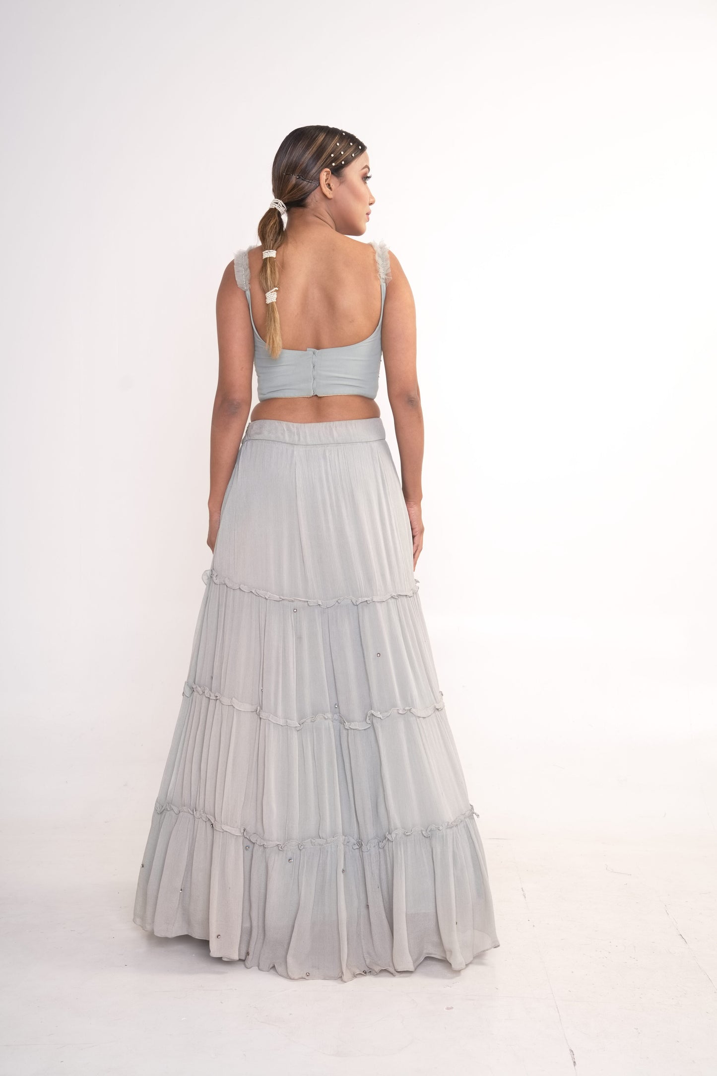 Powder blue lehenga set with blouse and chiffon shrug