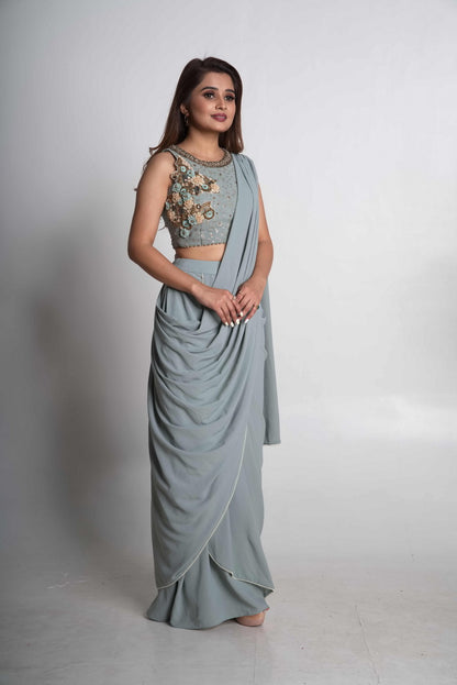 Powder blue pre-draped saree set