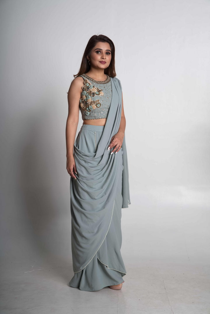 Powder blue pre-draped saree set