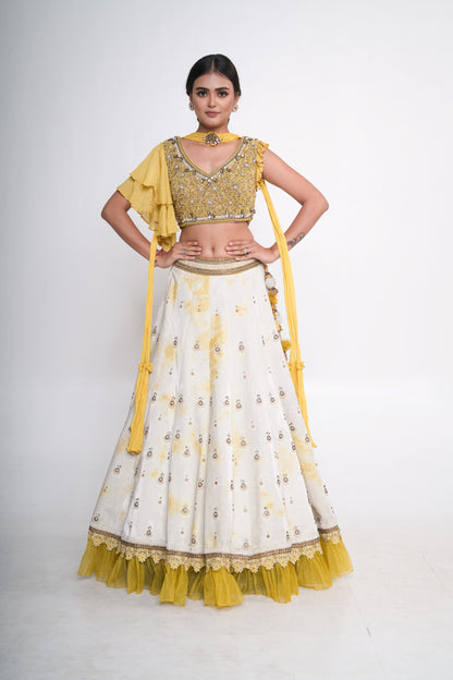 Yellow tye dye velvet lehenga set