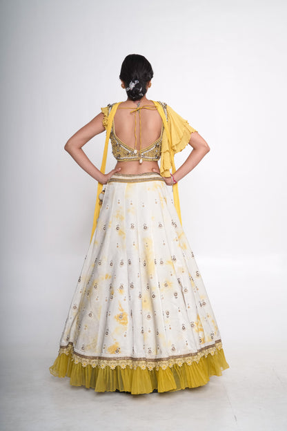 Yellow tye dye velvet lehenga set