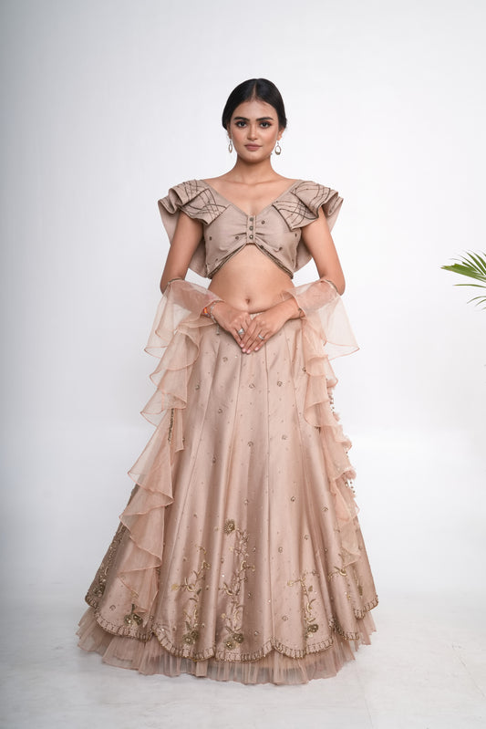 Gold lehenga set with ruffle organza dupatta