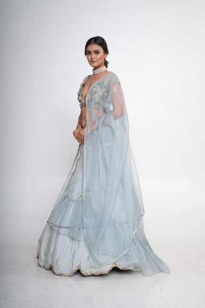 Aqua scallop lehenga set