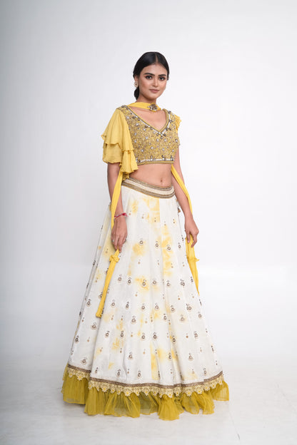 Yellow tye dye velvet lehenga set