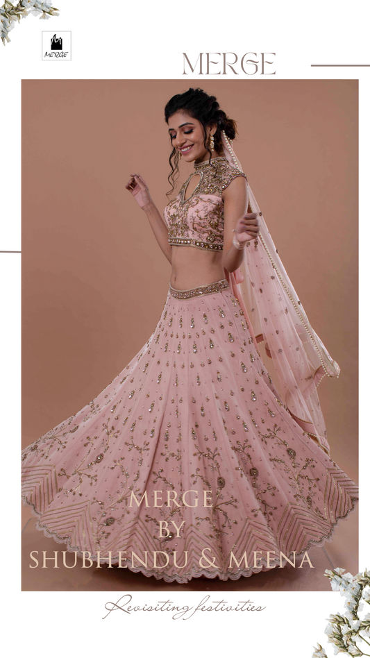Blush pink detailed hand embroidered velvet lehnga