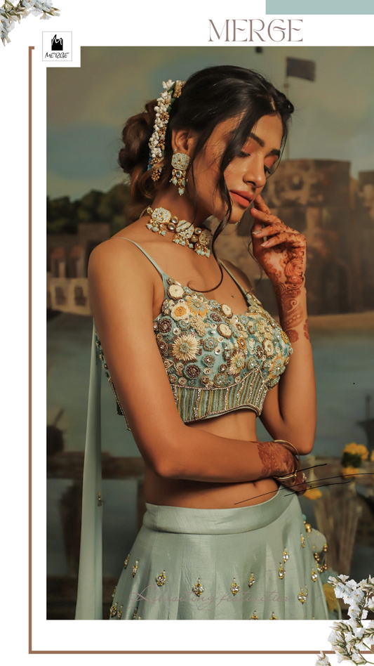 Aqua hand embroidered silk lehnga