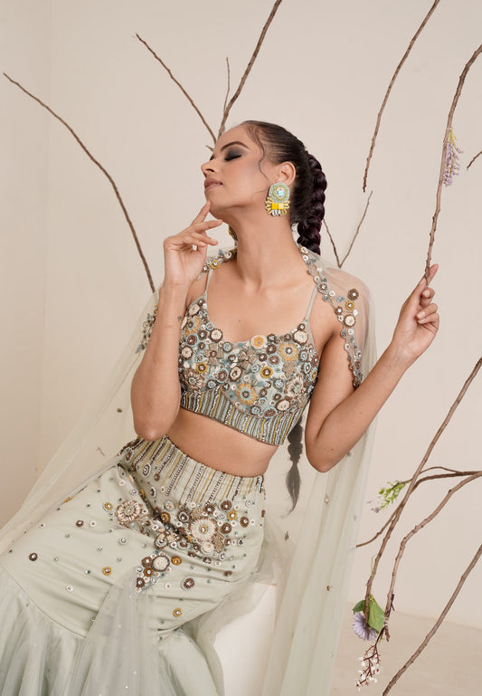 Aqua fish cut lehenga with spaghetti blouse